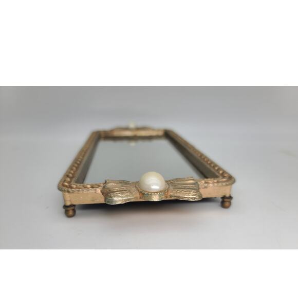 Vintage Gold Plate Metal Rectangular Bow & Pearl 12” Vanity Tray Mirror Jewelry - Picture 4 of 10